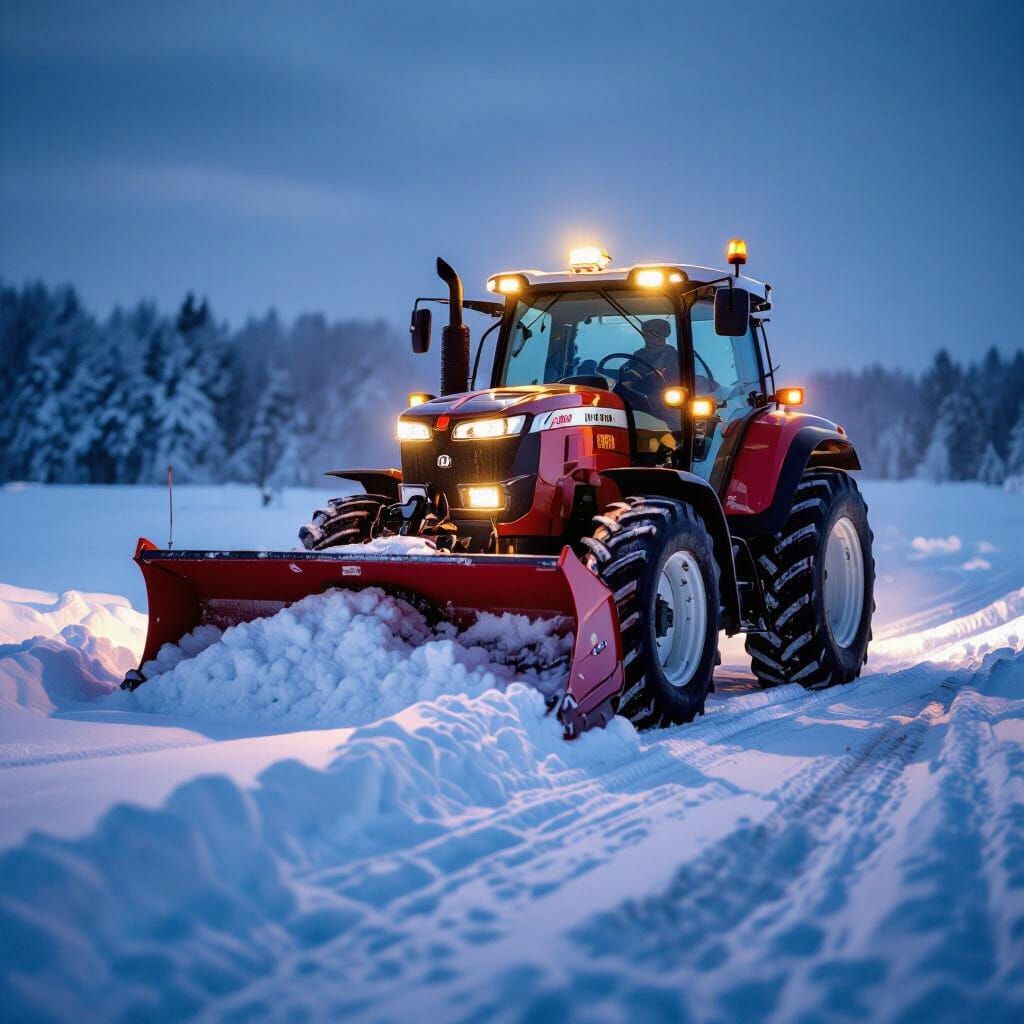 Massey Ferguson Tractor Plows Snow in Blizzard