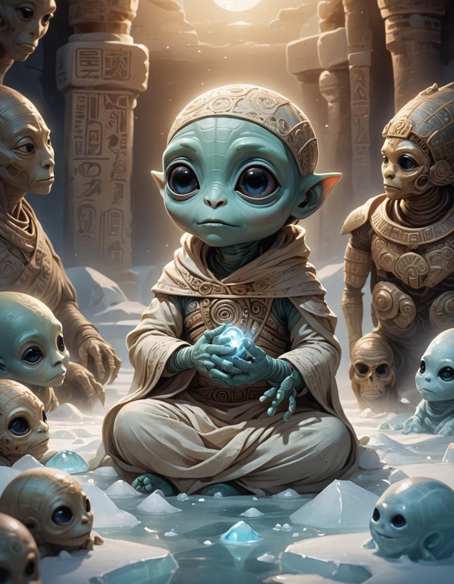 Baby Alien and Mummy in Ice-Bed: Fantasy Art