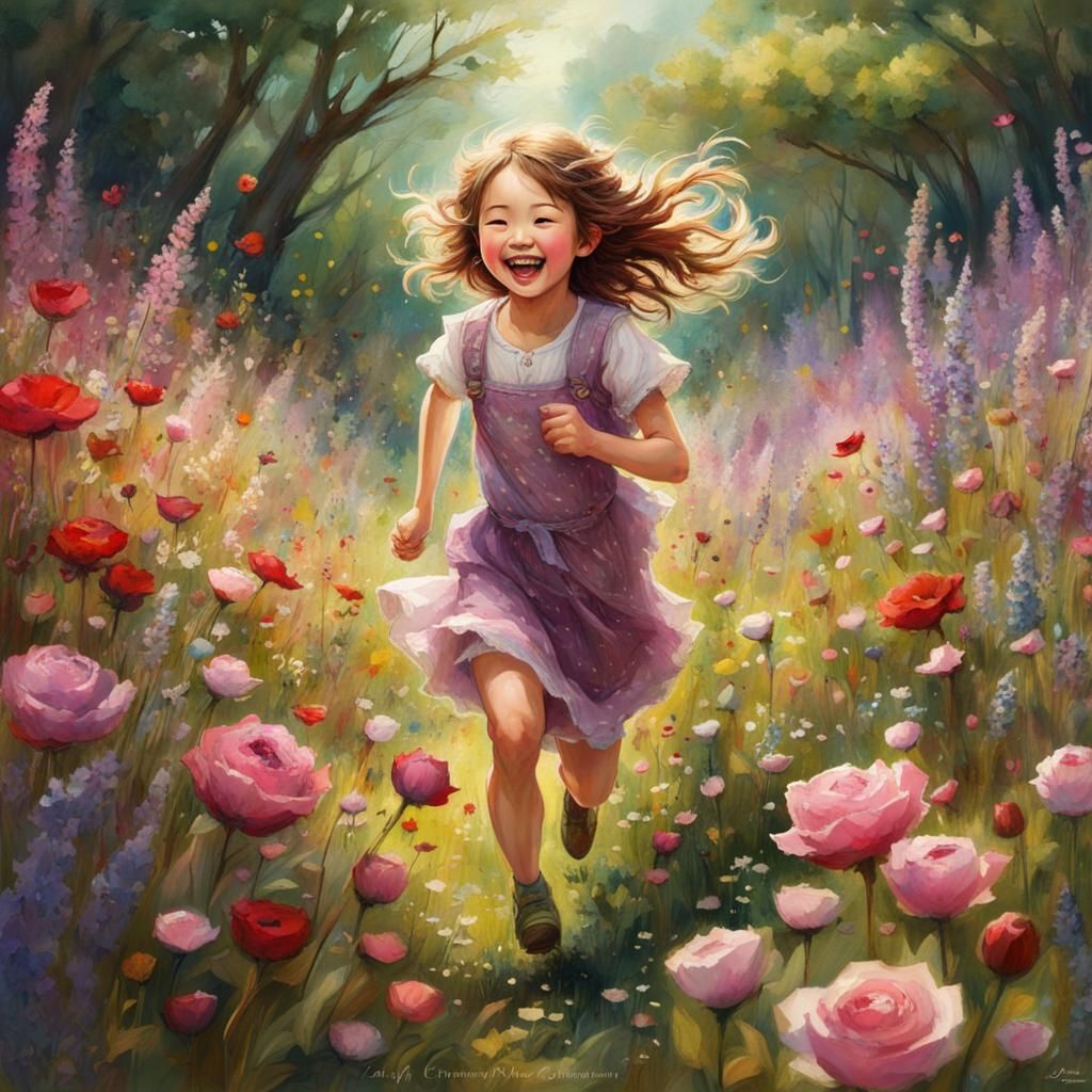 Girl Runs Through Joyful Spring Meadow in Art Brut Style