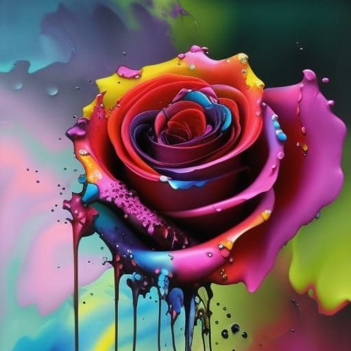 Ink Splash Rose with Dripping Rainbow Colors