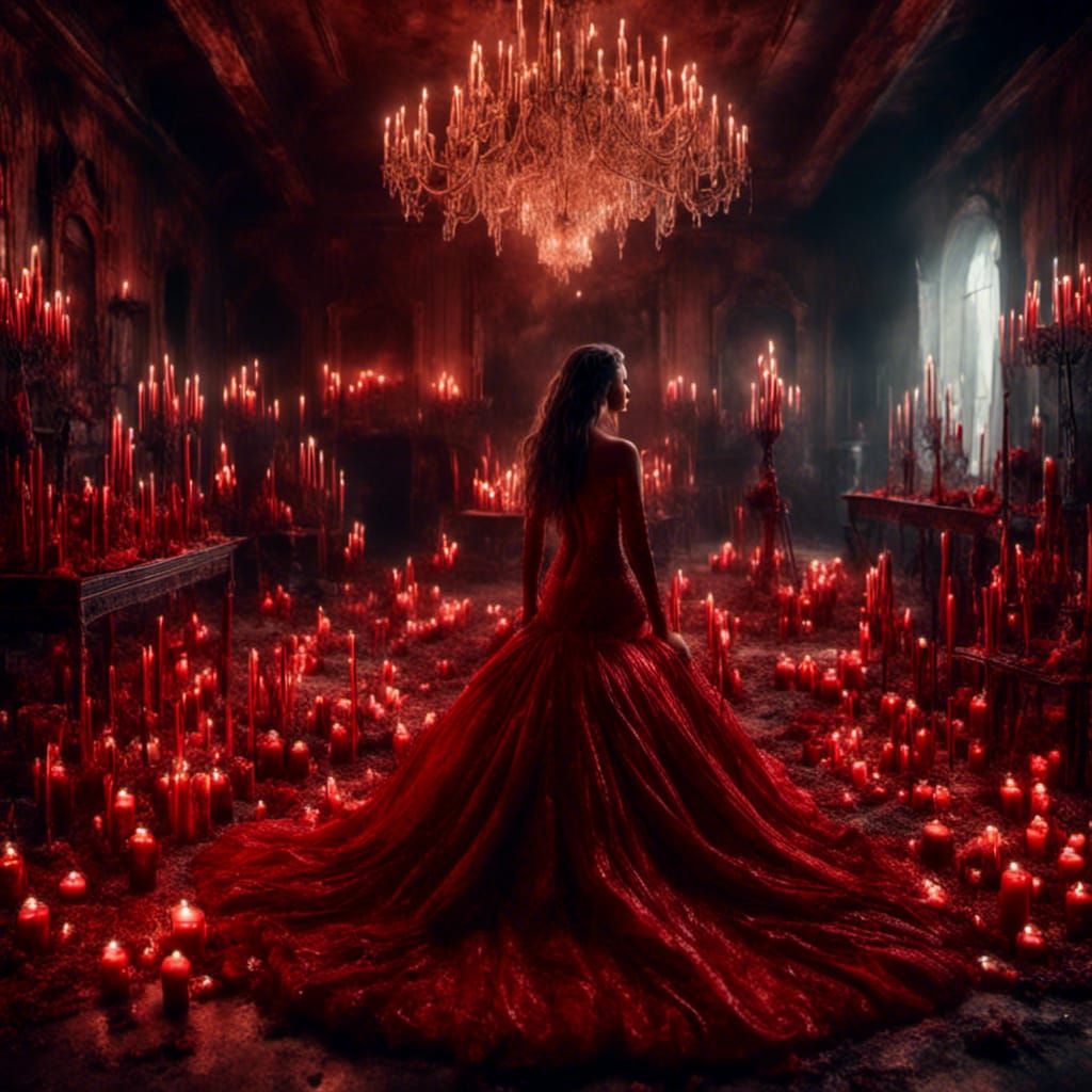 Goddess of Fire in Red Dress, Hyperreal Portrait