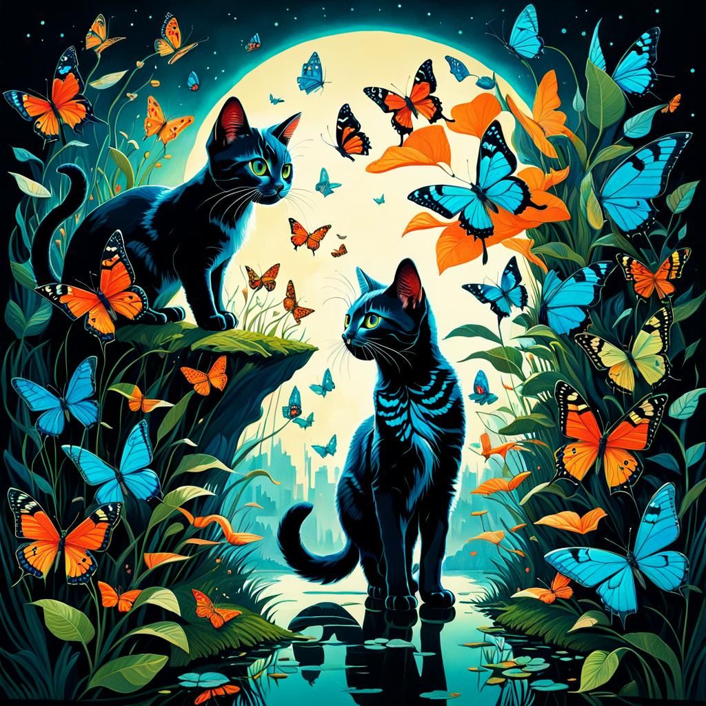 Kittens and Butterfly in Surreal Hyperdetailed Illustration