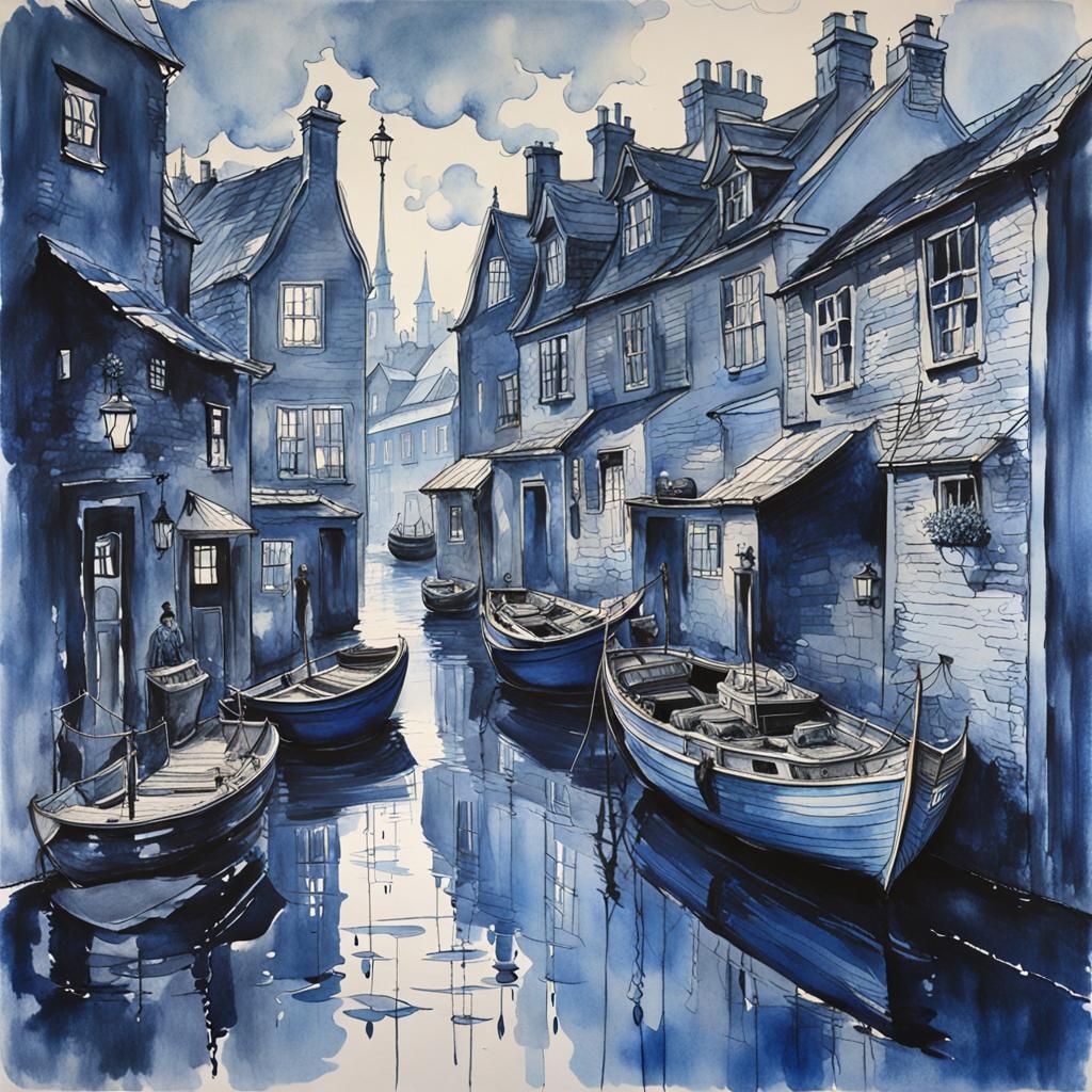 Blue Harbour Lane in Ink and Wash Style