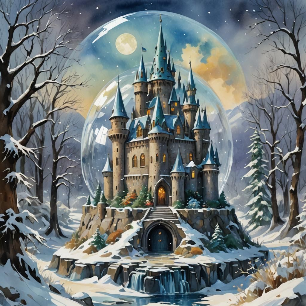 Elvish Castle in Snow Globe, Gouache Watercolor