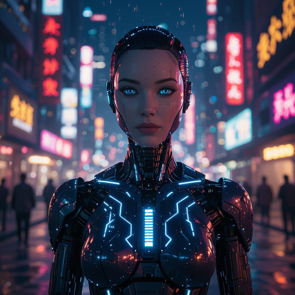 Futuristic Android in Neon Cityscape