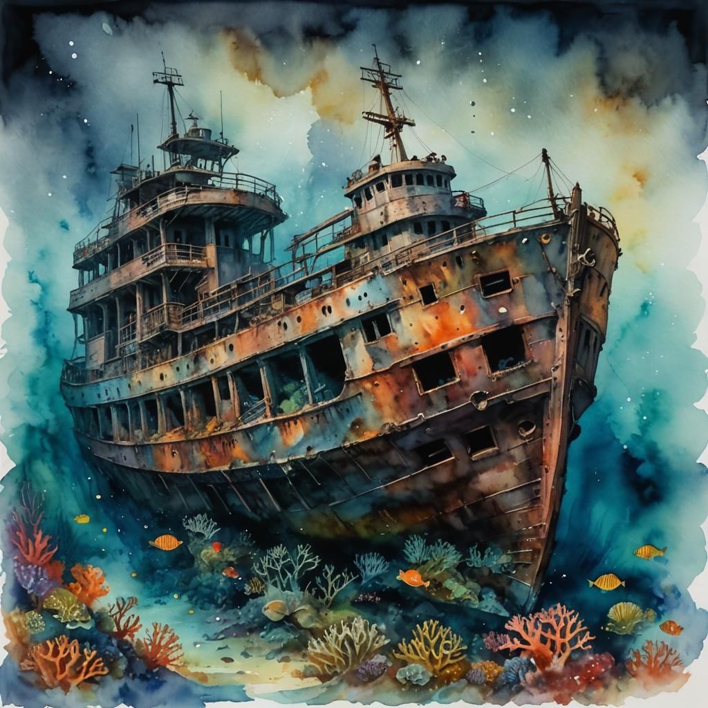 Eerie Shipwreck Covered in Coral, Watercolor Style