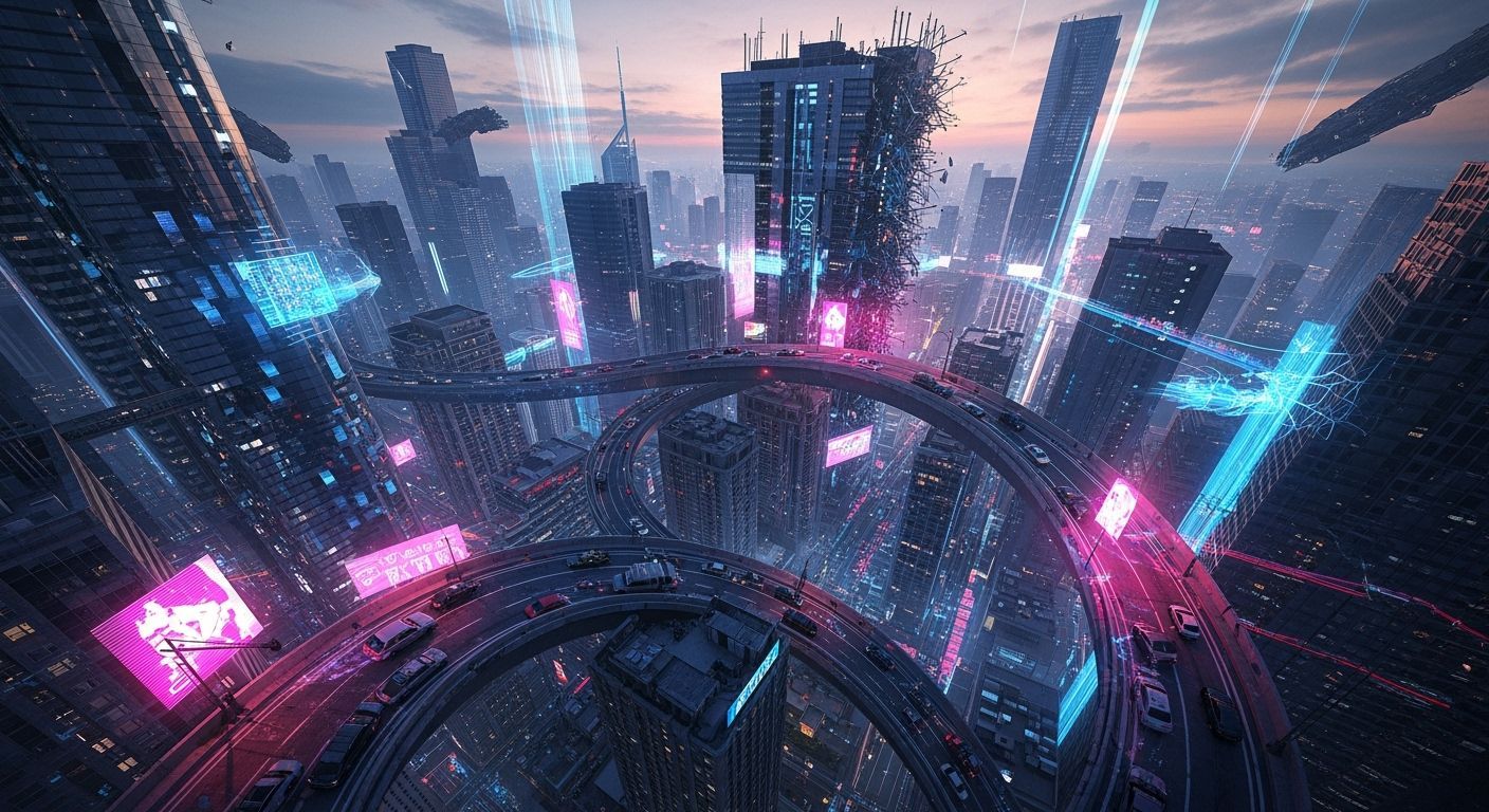 Fractured Cityscape: Glitch Art in Electric Blues and Pinks