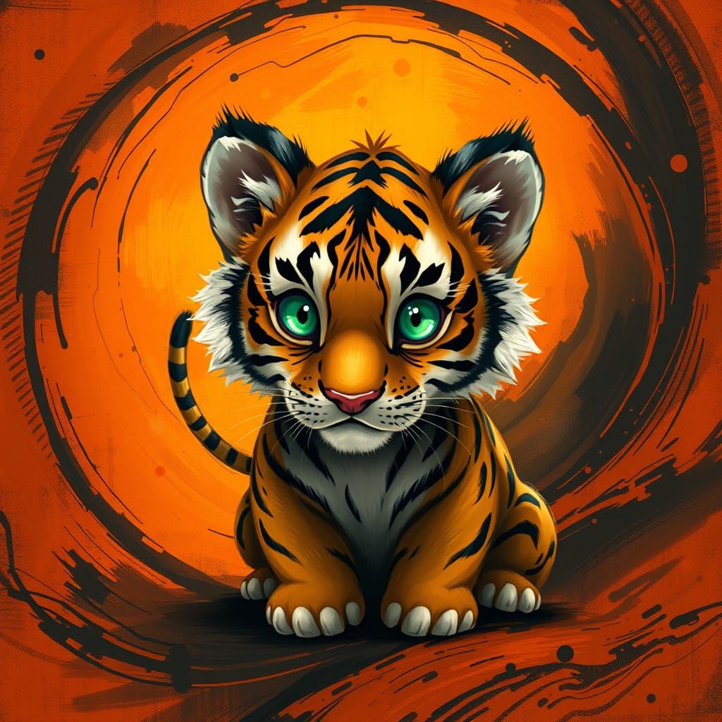 Fantastical Mini Tiger Against Ancient Scroll Background