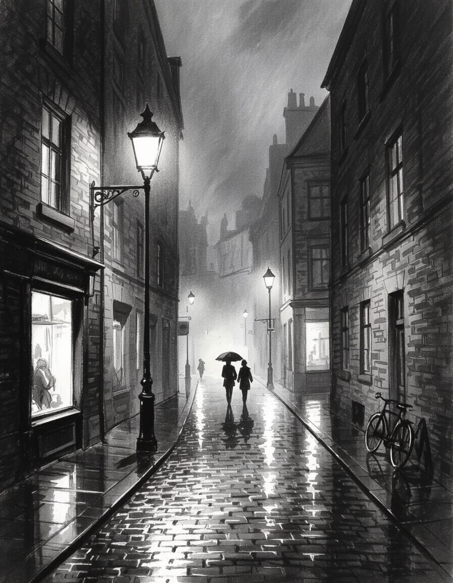 Moody Night Street Charcoal Sketch with Streetlamp