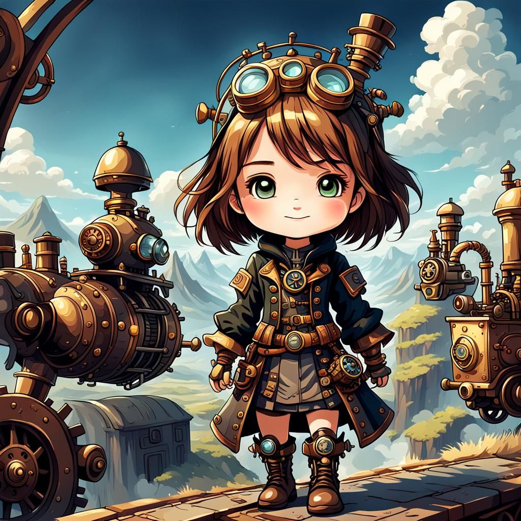Steampunk Chibi Character with Breathtaking Views