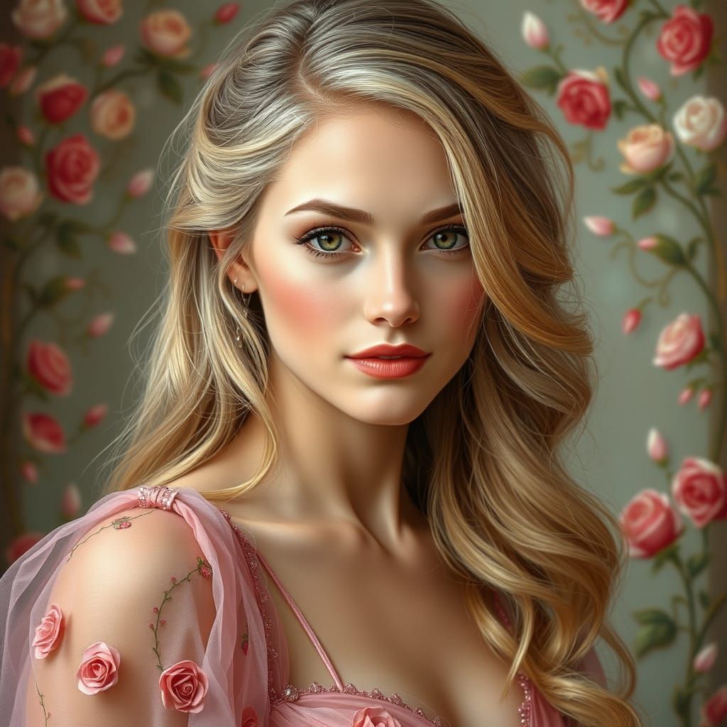 Romantic Pink Gown Portrait in Soft Waterhouse Style