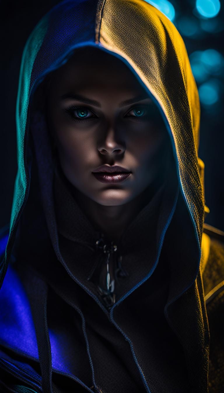Neon Hooded Assassin Portrait in Aquarender Style