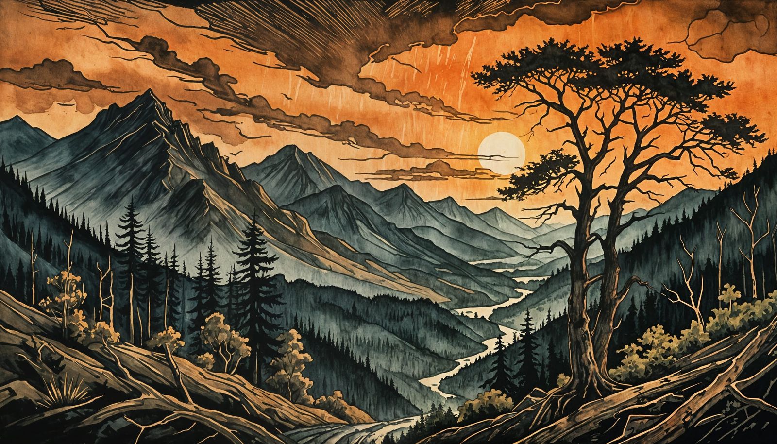 Storm Over Forested Mountains at Sunset in Woodcut Style