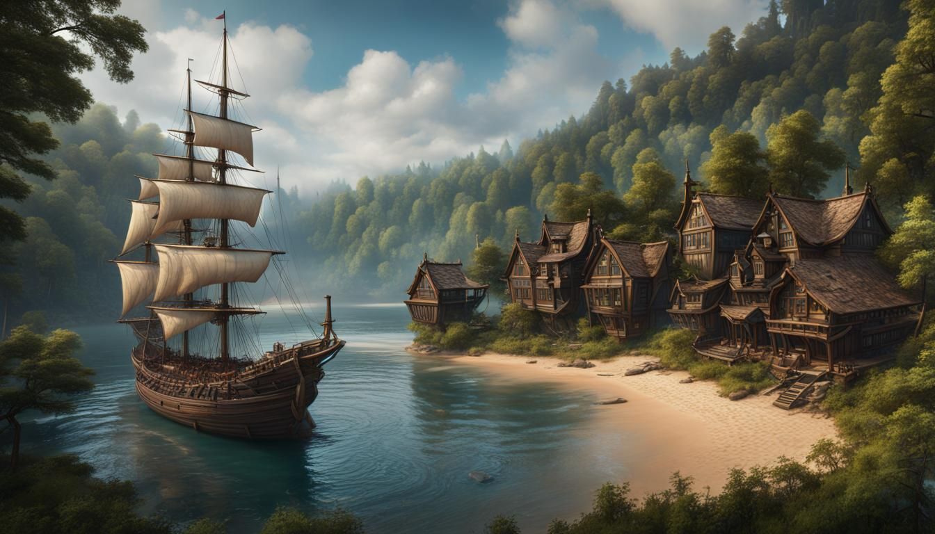 Three-Masted Ship and Village: Fantasy Concept Art