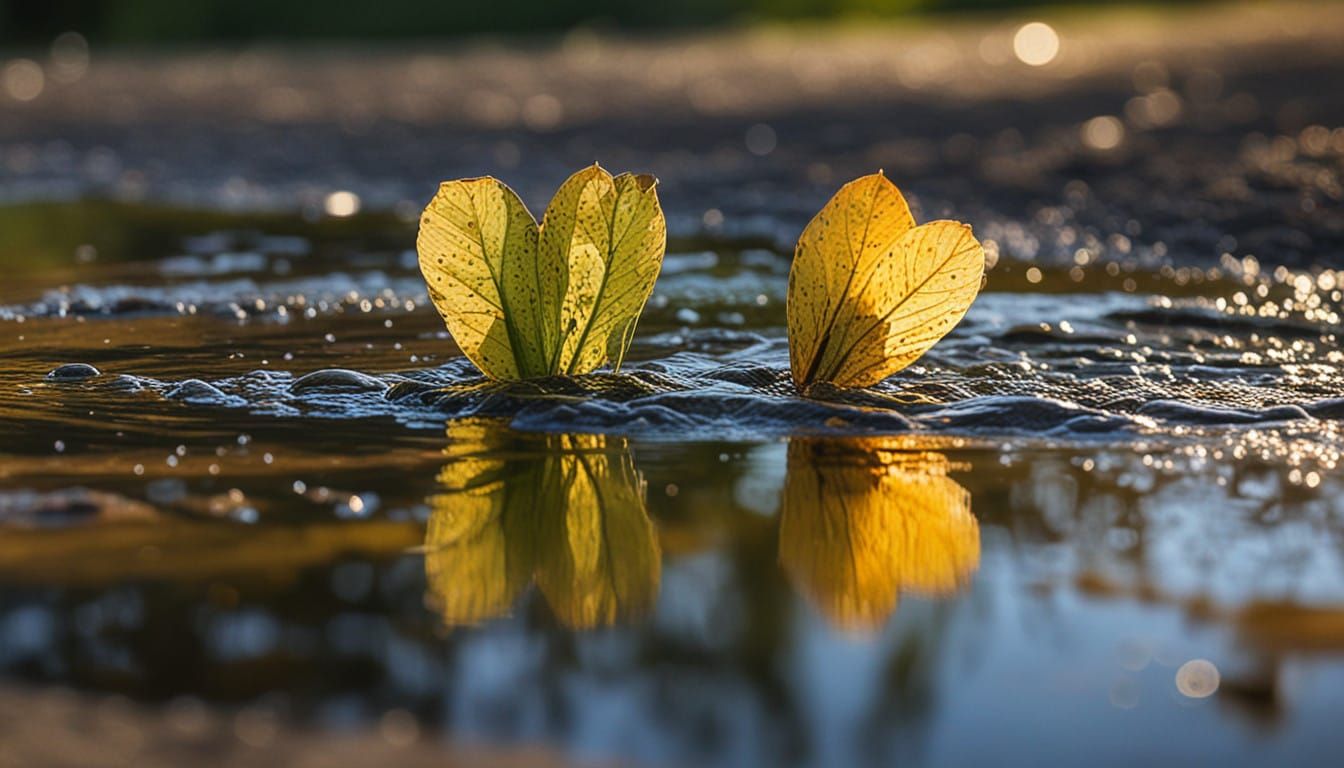 Vibrant Heart-Shaped Sunlight Reflection in a Shallow Puddle
