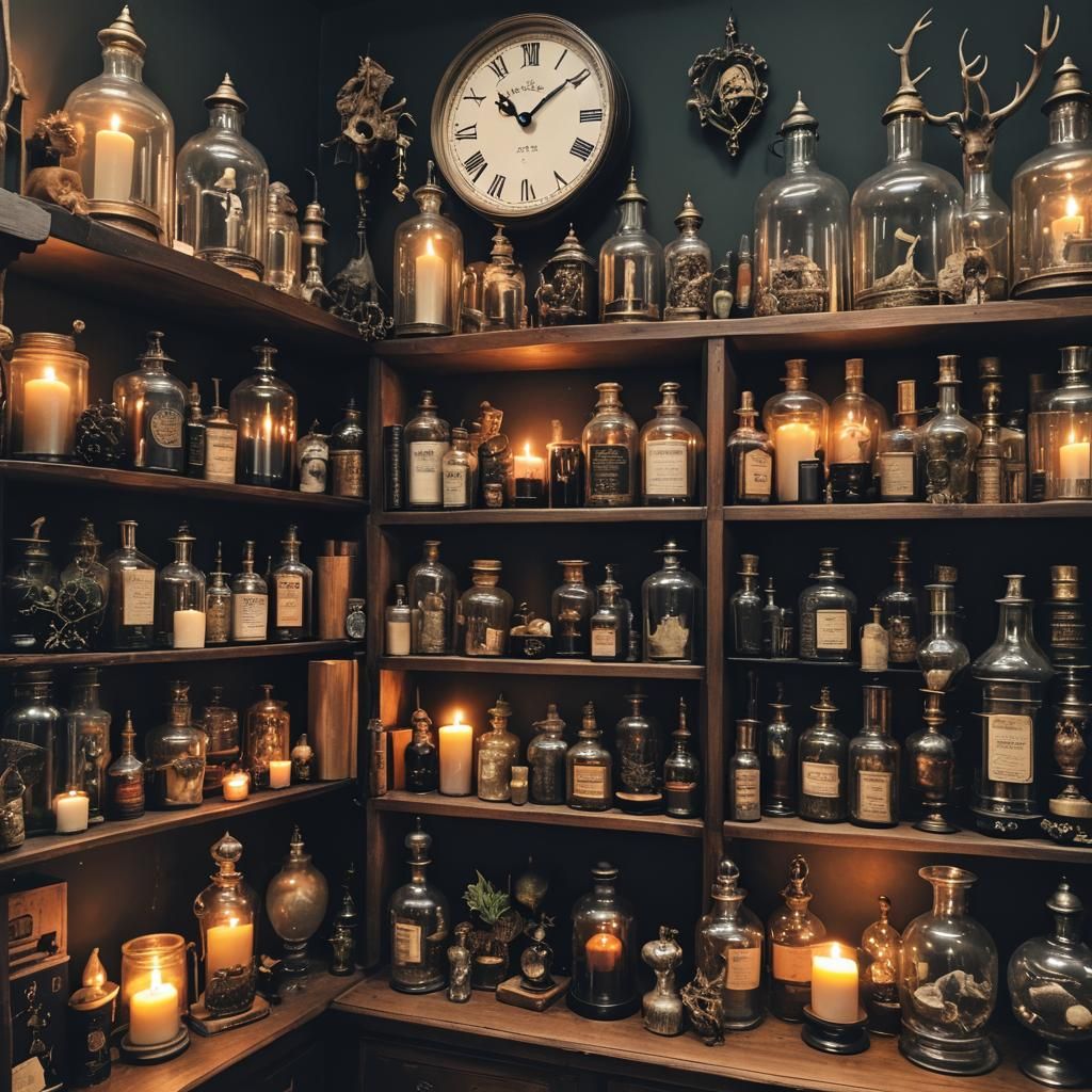 Moody Apothecary Shelf with Victorian Witchy Vibes