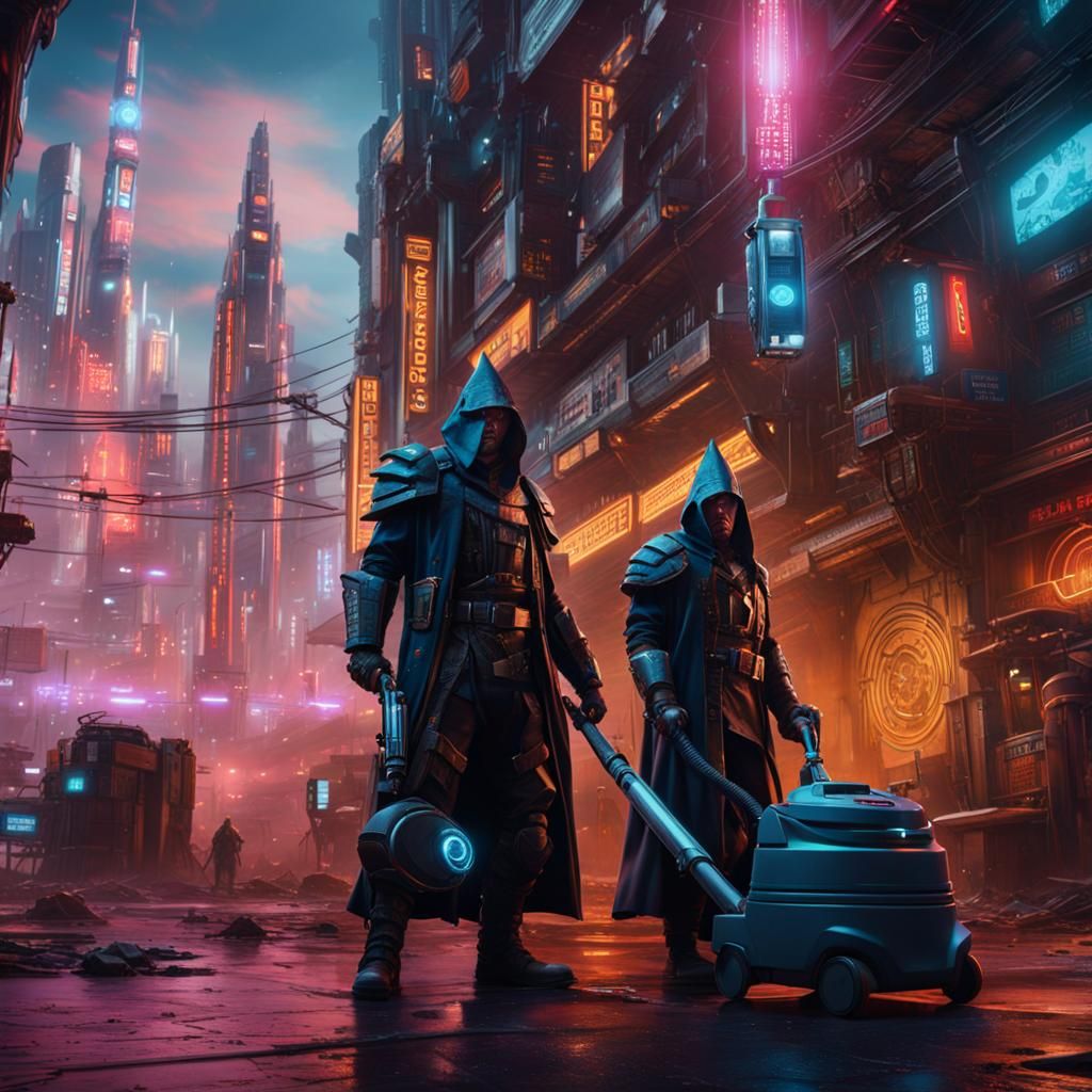 Wizard and Warrior Cleaning in Cyberpunk City