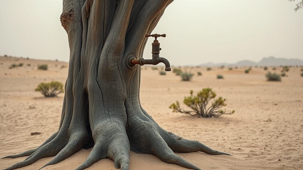 Desert Tree with Vintage Faucet in Photorealistic Style