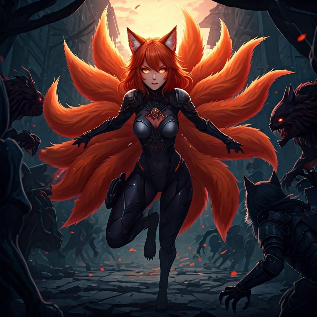 Anime Fox Girl Battles Monsters in Ruined Cityscape