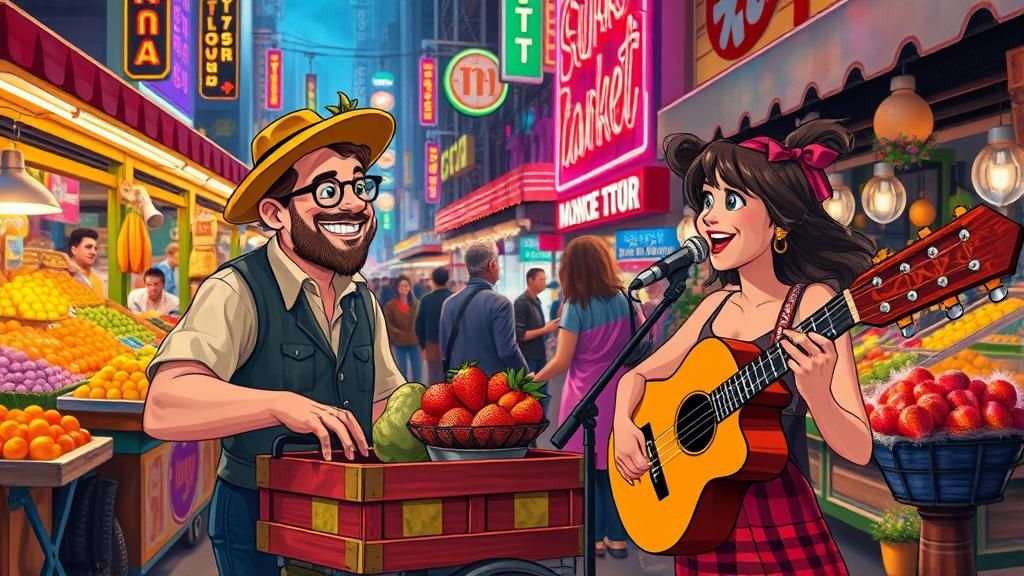Lively Marketplace Scene with Singer and Vendor