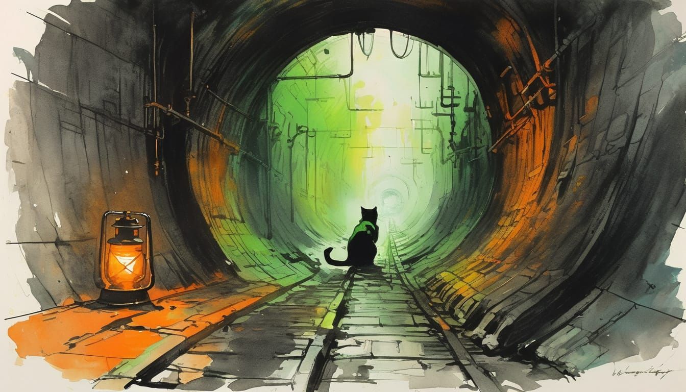 Neon Lit Sewer Tunnel with Cat, Dark Value Painting