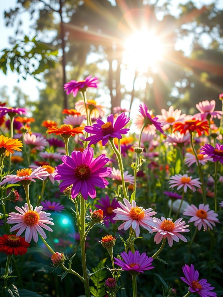 Colorful Sunlit Flower Garden in Photorealistic Style