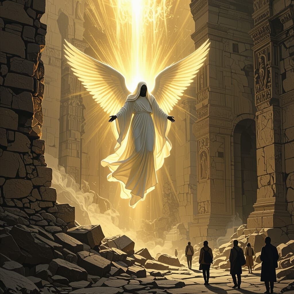 Angelic Descent on Crumbling Ruins in Surreal Style