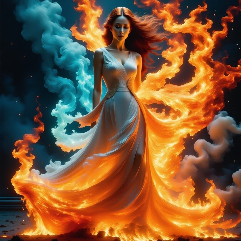 Woman Controls Fire Vortex in Hyperreal Style