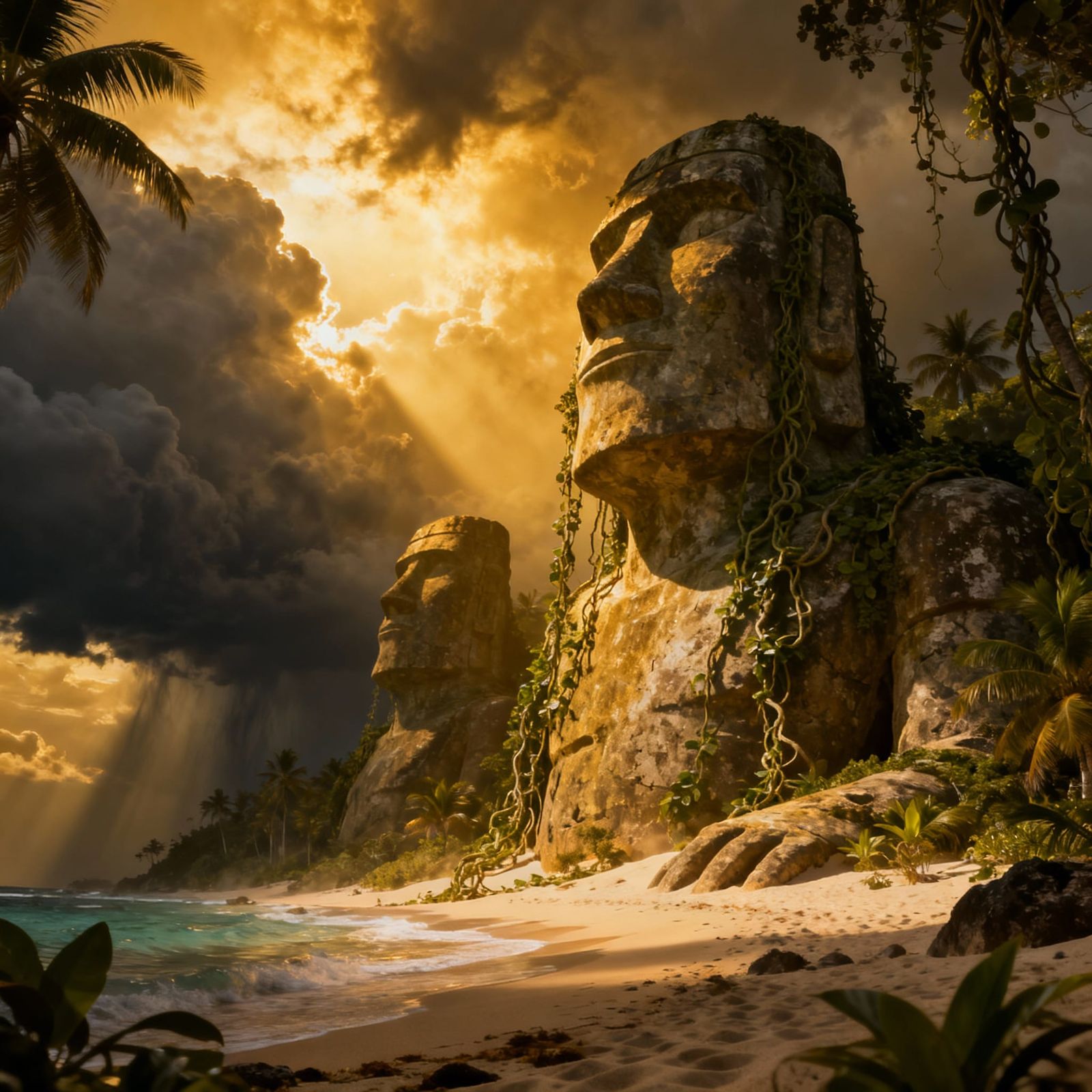 Giant Stone Statues on Tropical Island in Golden Light
