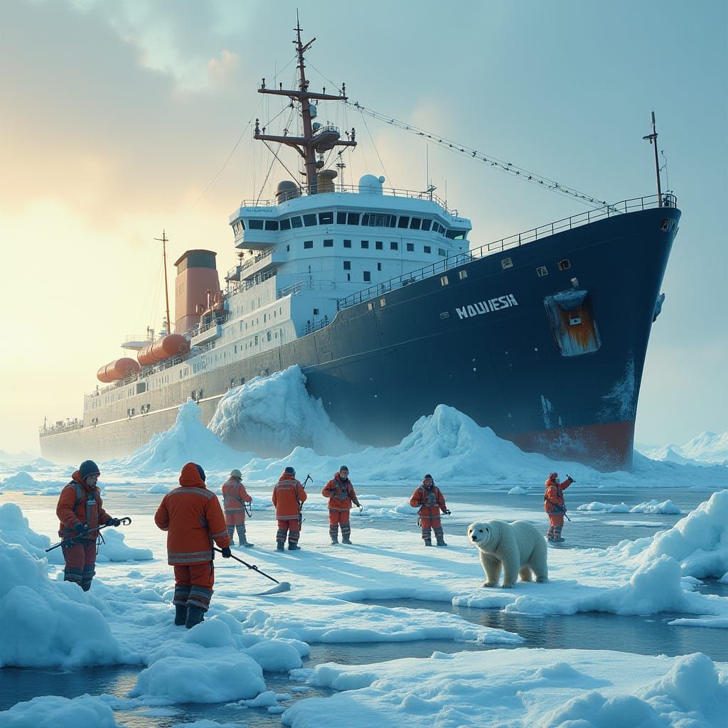 Arctic Icebreaker at Dawn with Polar Bear