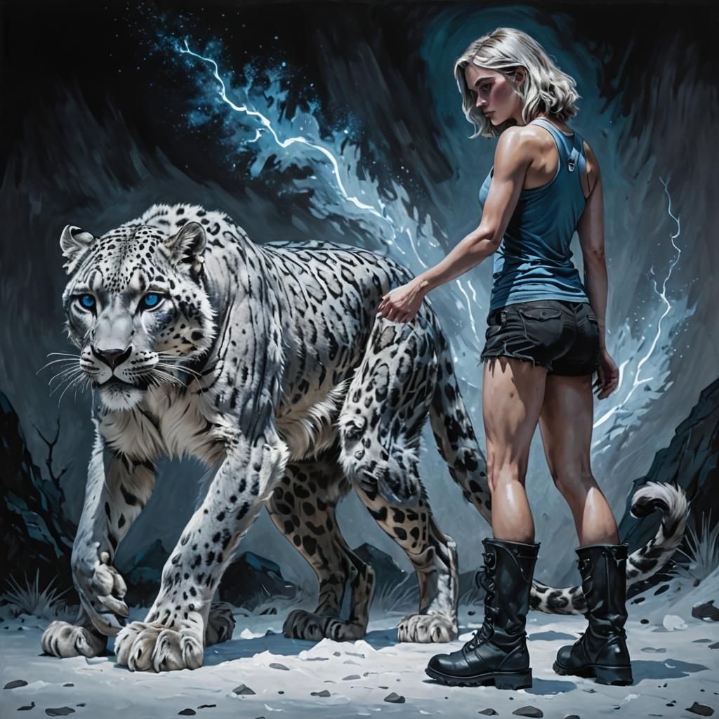Woman and Sabertooth Leopard in Monochromatic Metallic Art