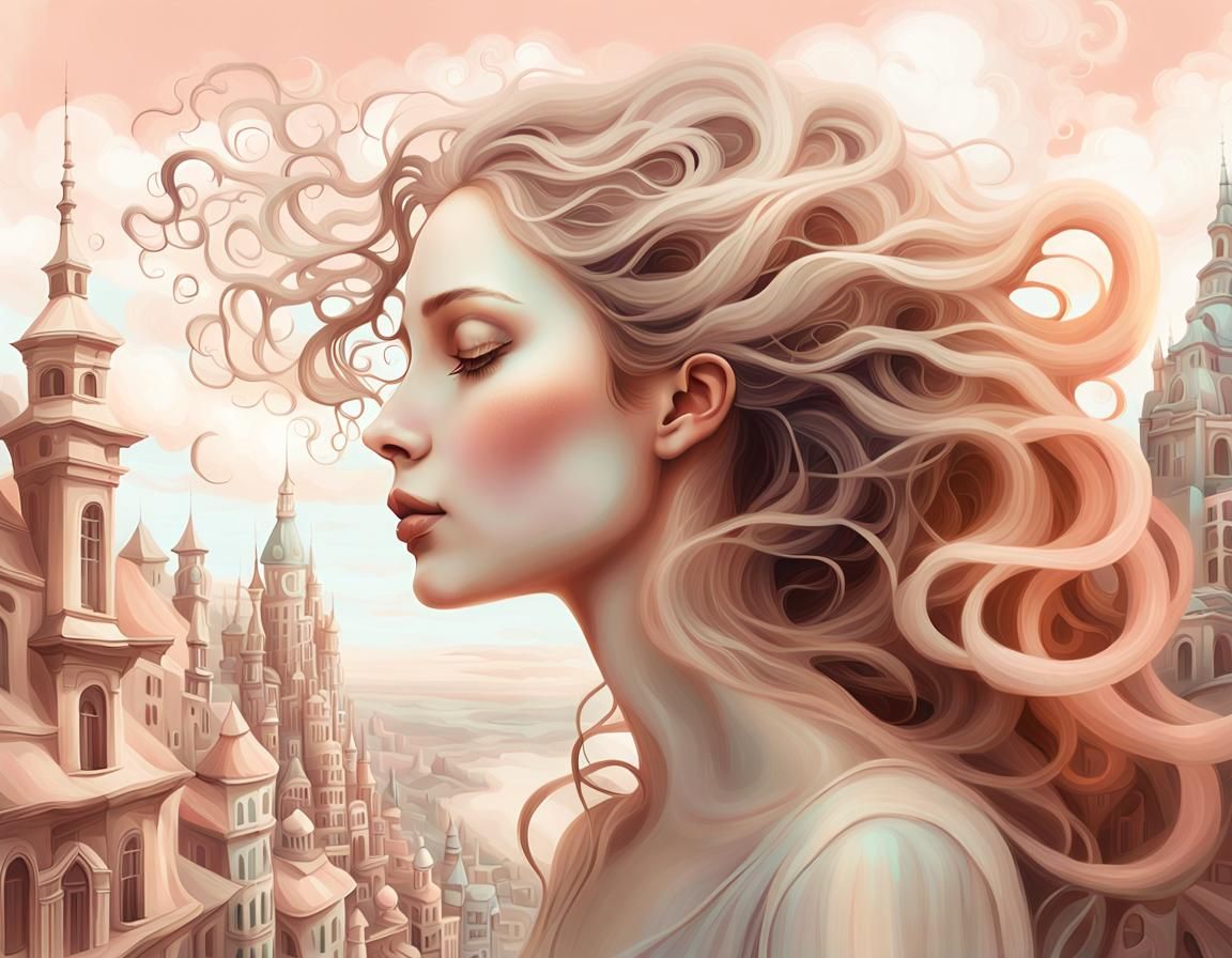 Ethereal Surrealism: Woman and Fantasy Cityscape