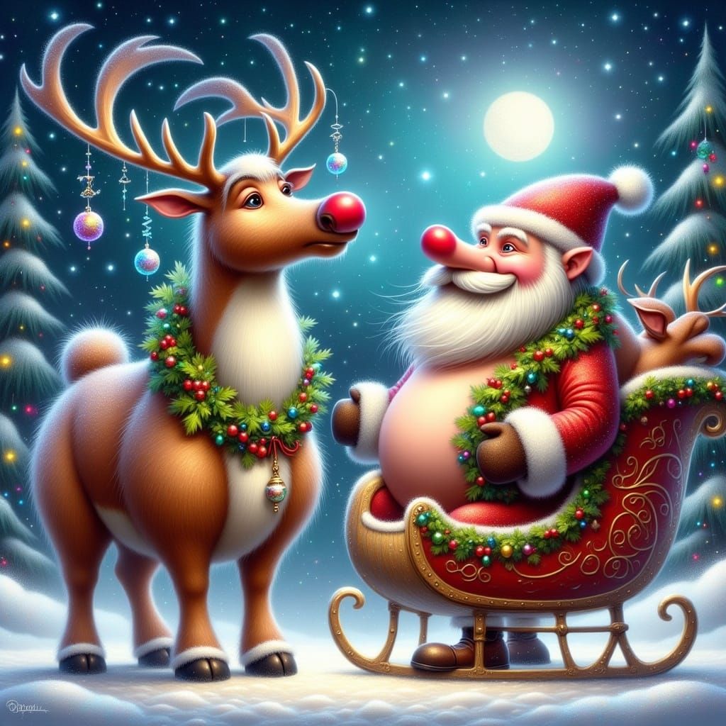 Humorous Reindeer Caricature Awaits Santa in Whimsical Winte...