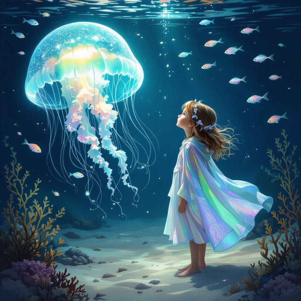 Starfish Girl and Bioluminescent Jellyfish in Art Nouveau