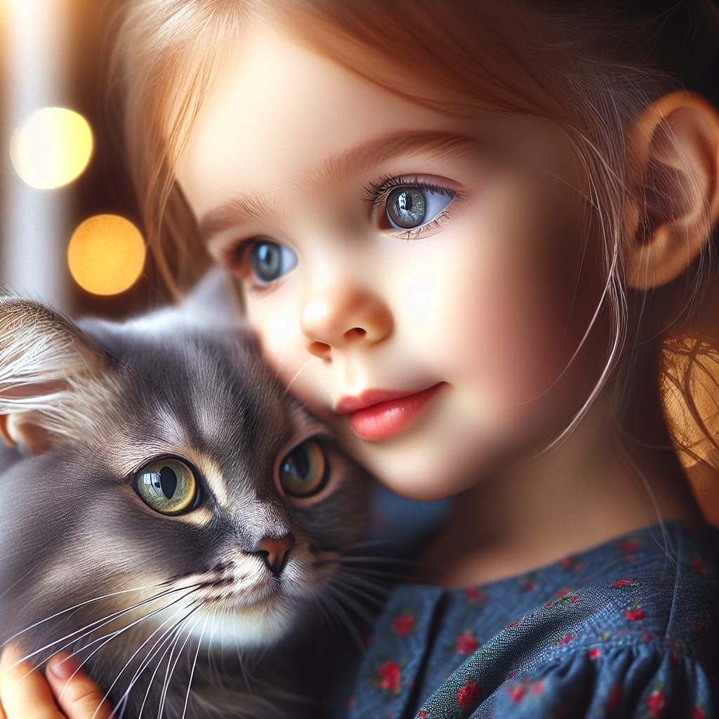Little Girl and Gray Cat Nose to Nose