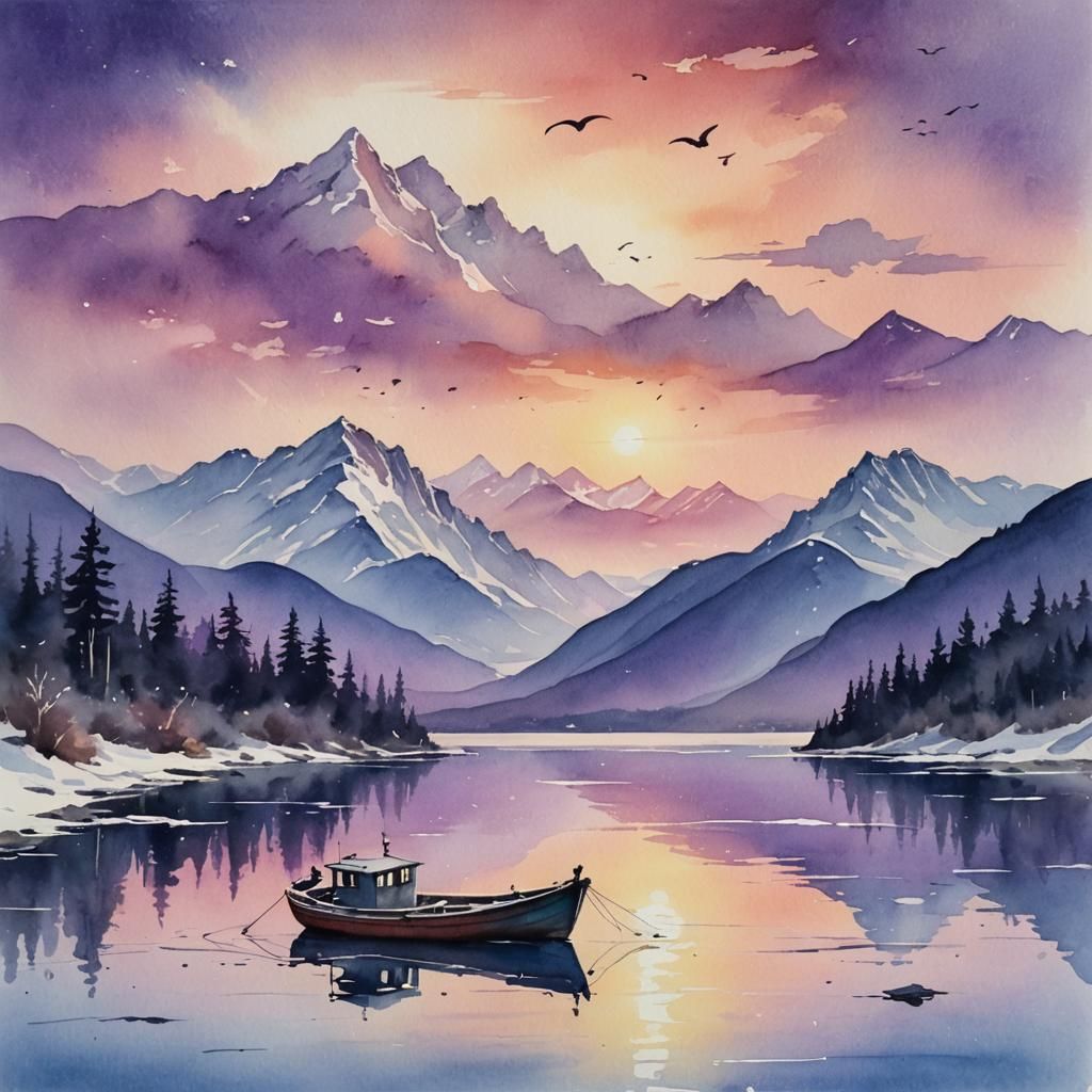 Fishing Boat on Lake with Mountains: Watercolor Painting