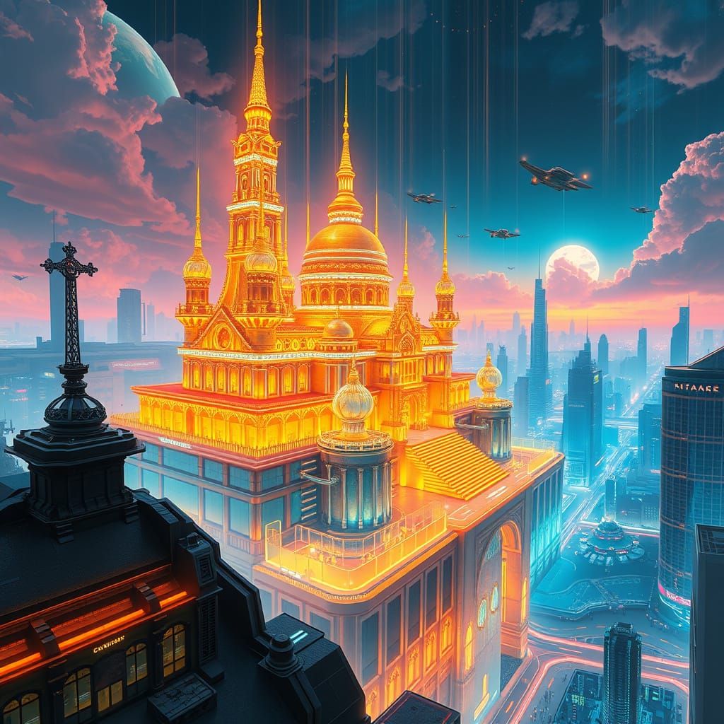Golden Holographic Palace in Cyberpunk Cityscape
