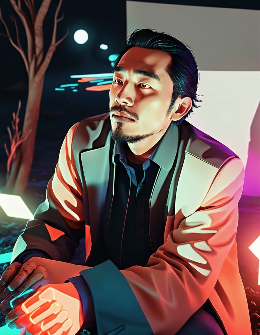 Geometric Abstract Art: Man Digging with Neon Glow