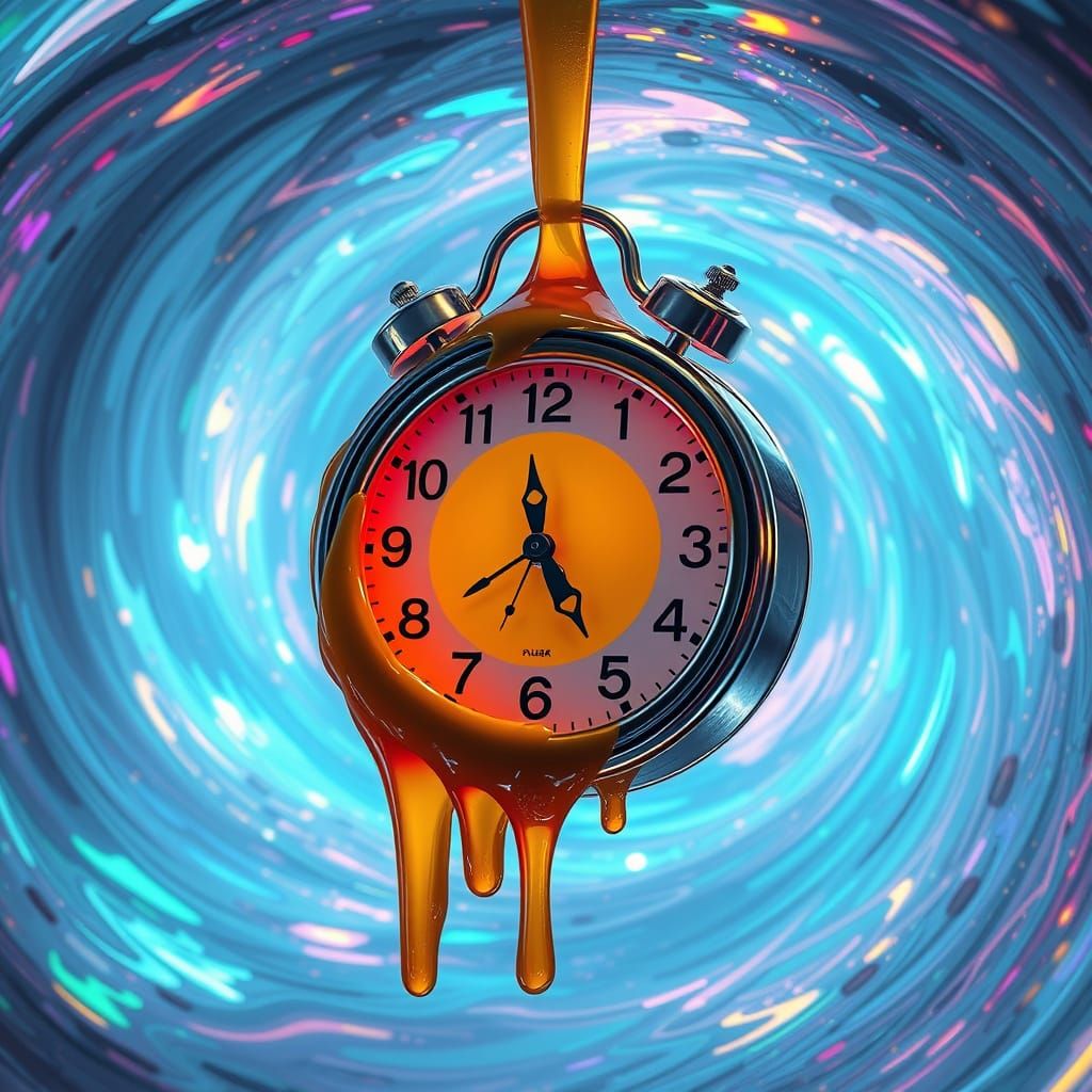 Melting Clock in Iridescent Vortex: A Digital Masterpiece