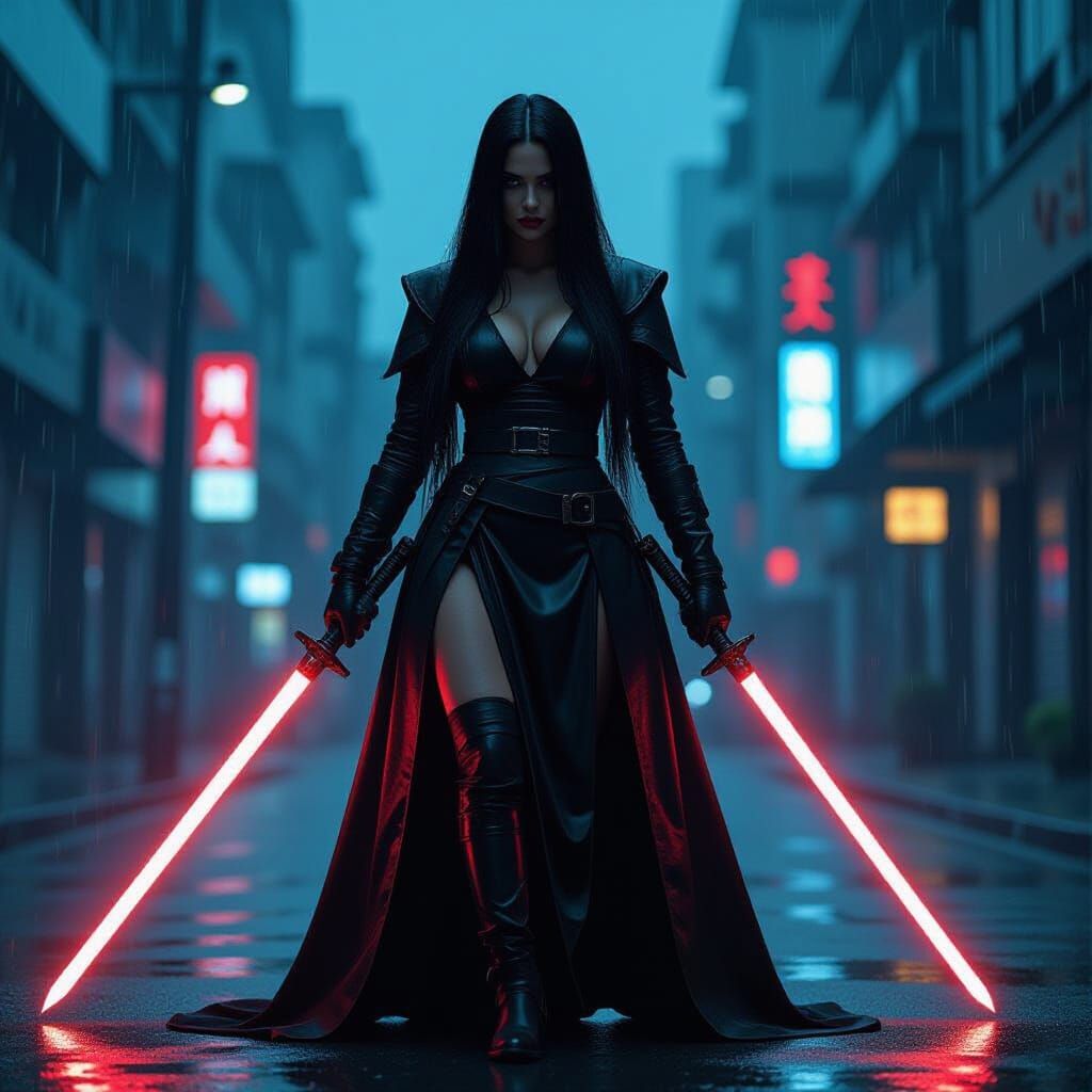 Sith Warrior in Cyberpunk Cityscape