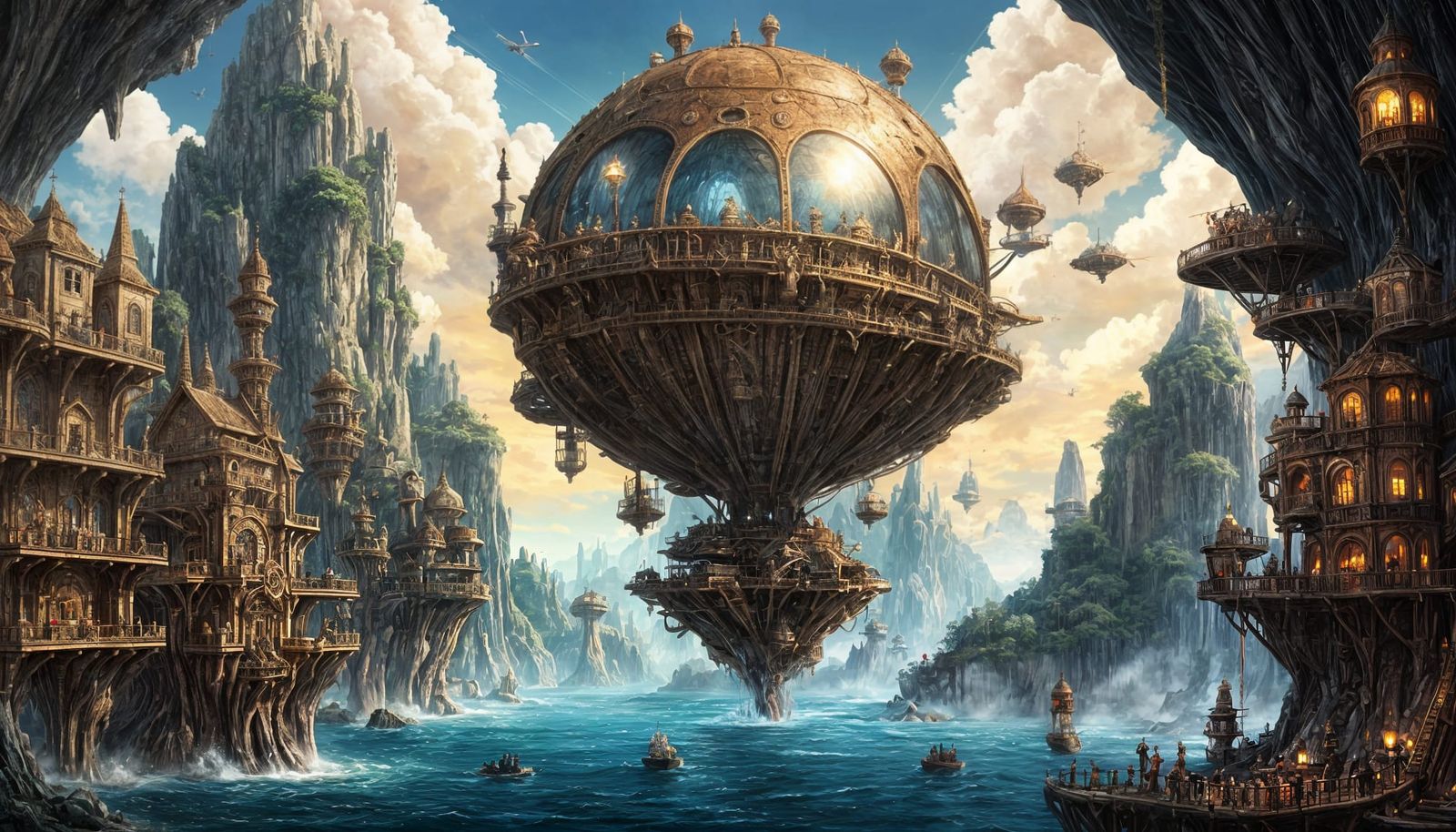 Steampunk Geode City with Airships and Crystal Spires
