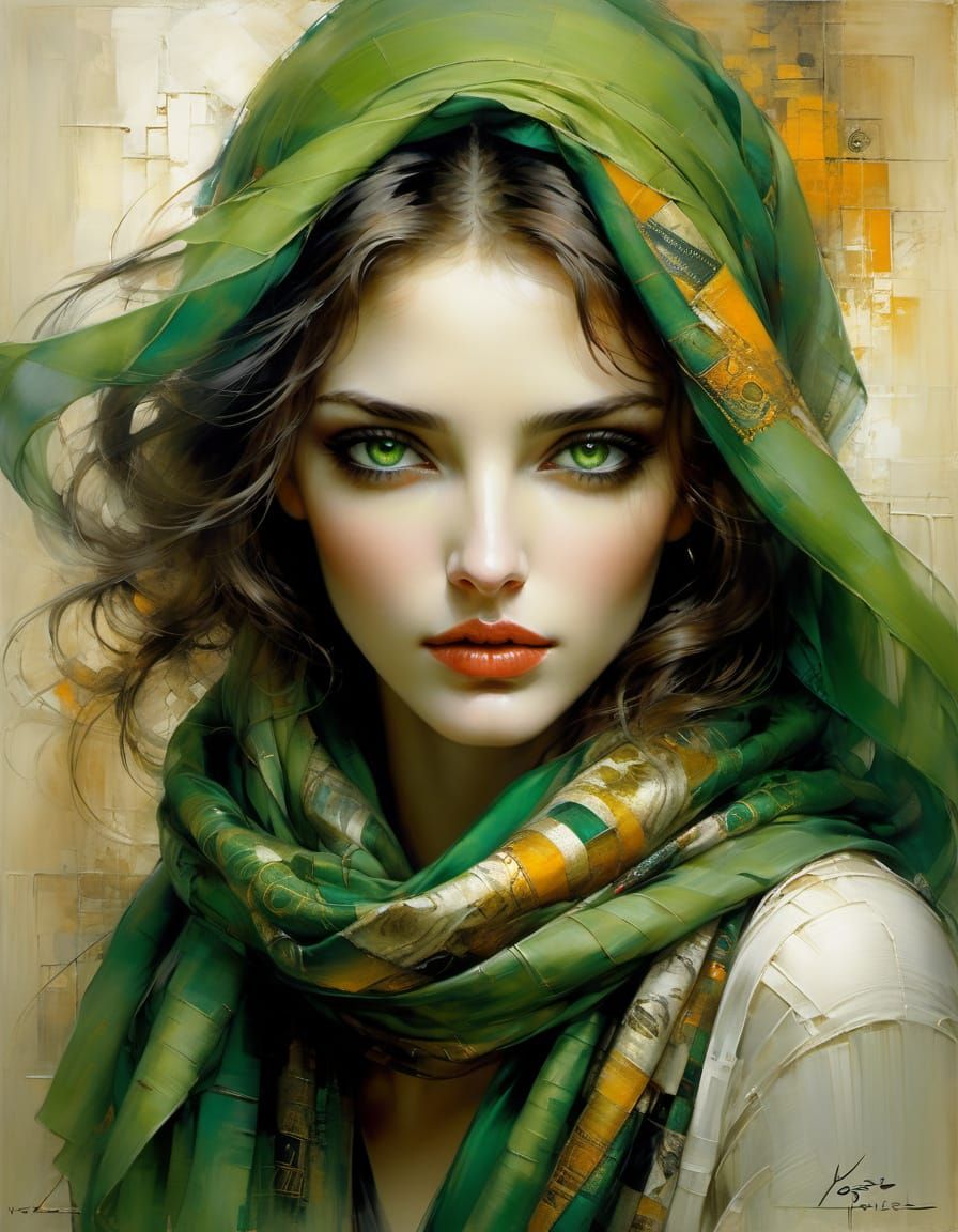 Beautiful woman with realistic green eyes, warm autumn colours, oil painting by Yossi Kotler.
A young woman with strikin...