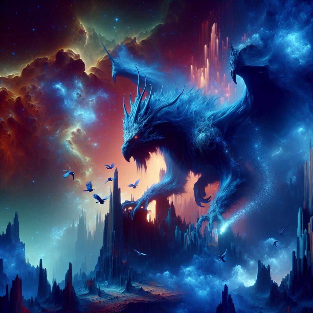 Blue Balrog with Birds in a Neon Landscape