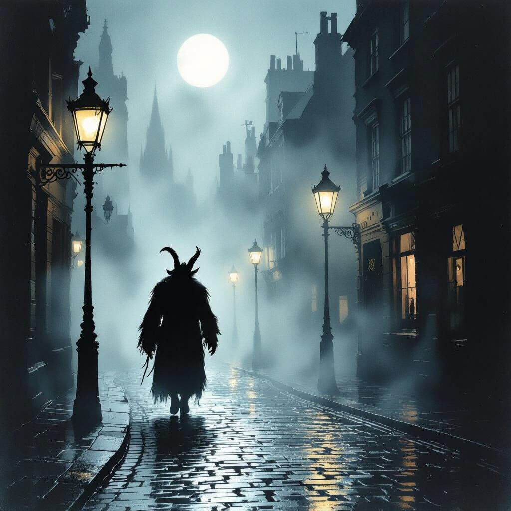 Krampus Haunts Foggy 1930s London Streets