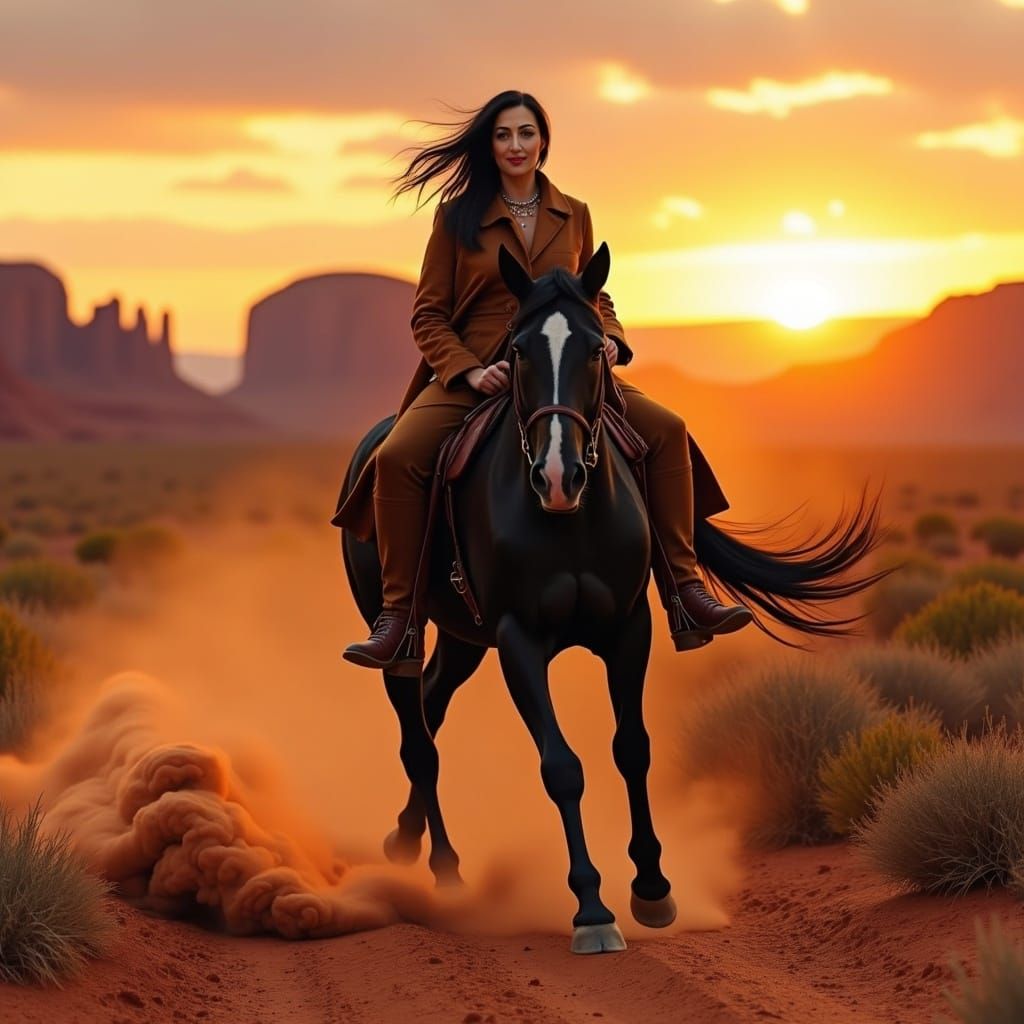 Woman Rides Horse Across Desert in Dystopian Style