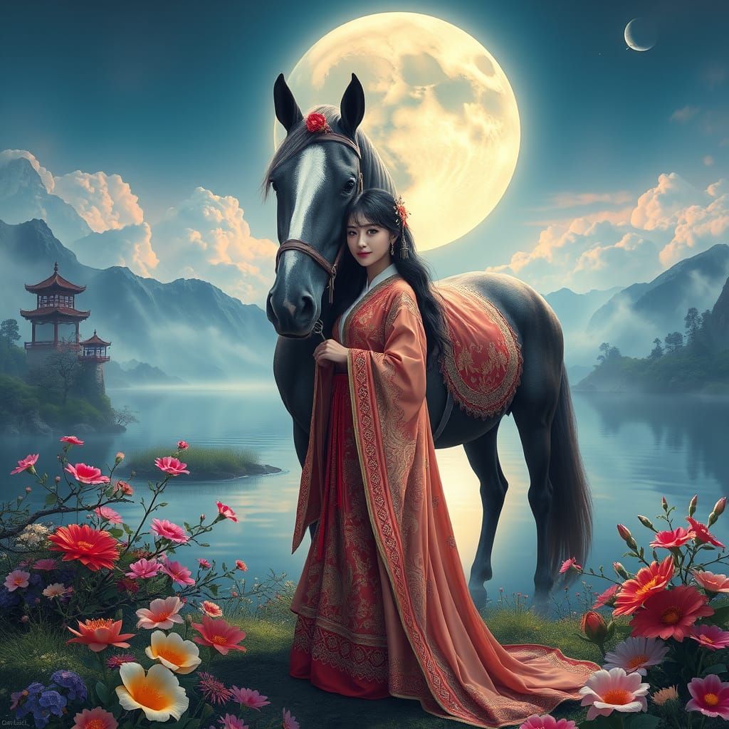 A serene scene featuring a woman in traditional attire with ...