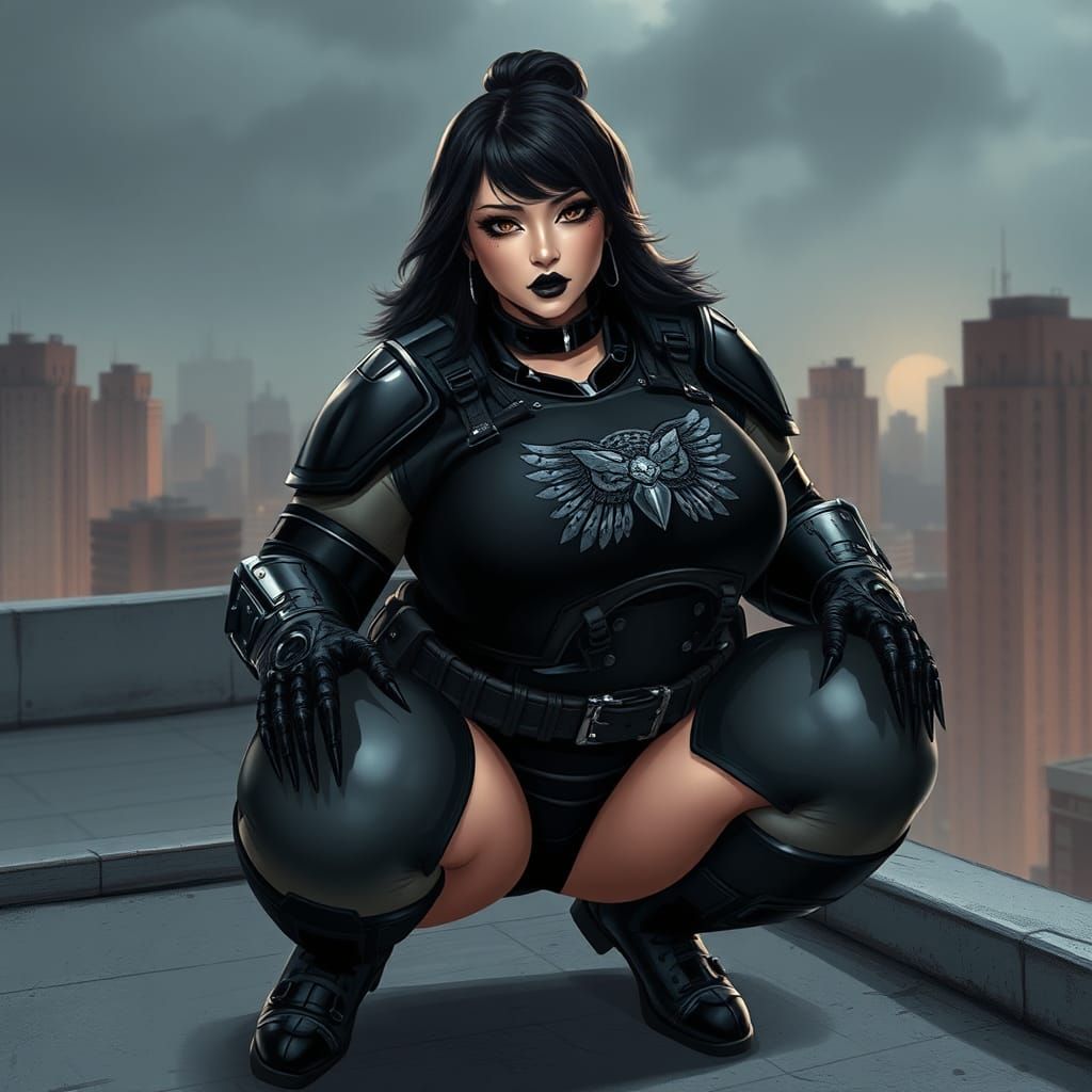 Voluptuous Superheroine on Rooftop in Futuristic Style