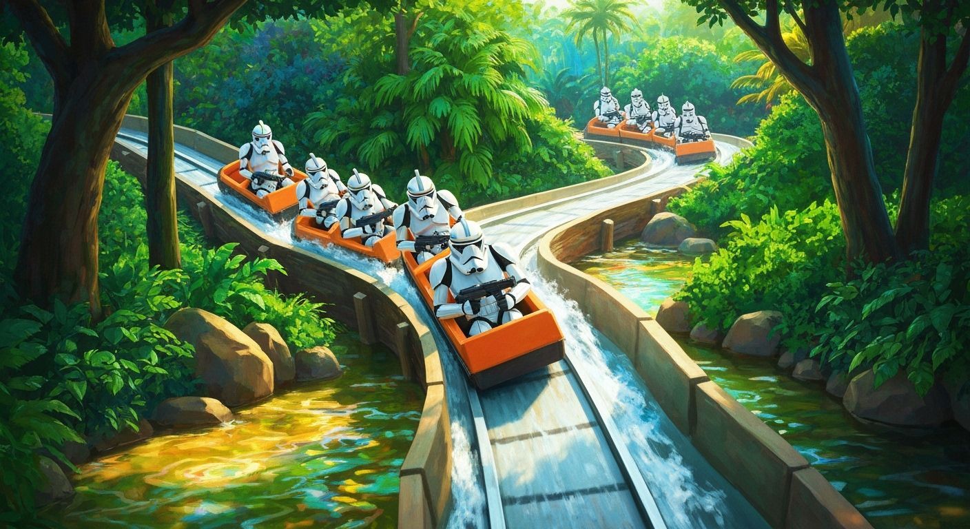 Clone Troopers Ride Splash Mountain in Stylized Digital Art