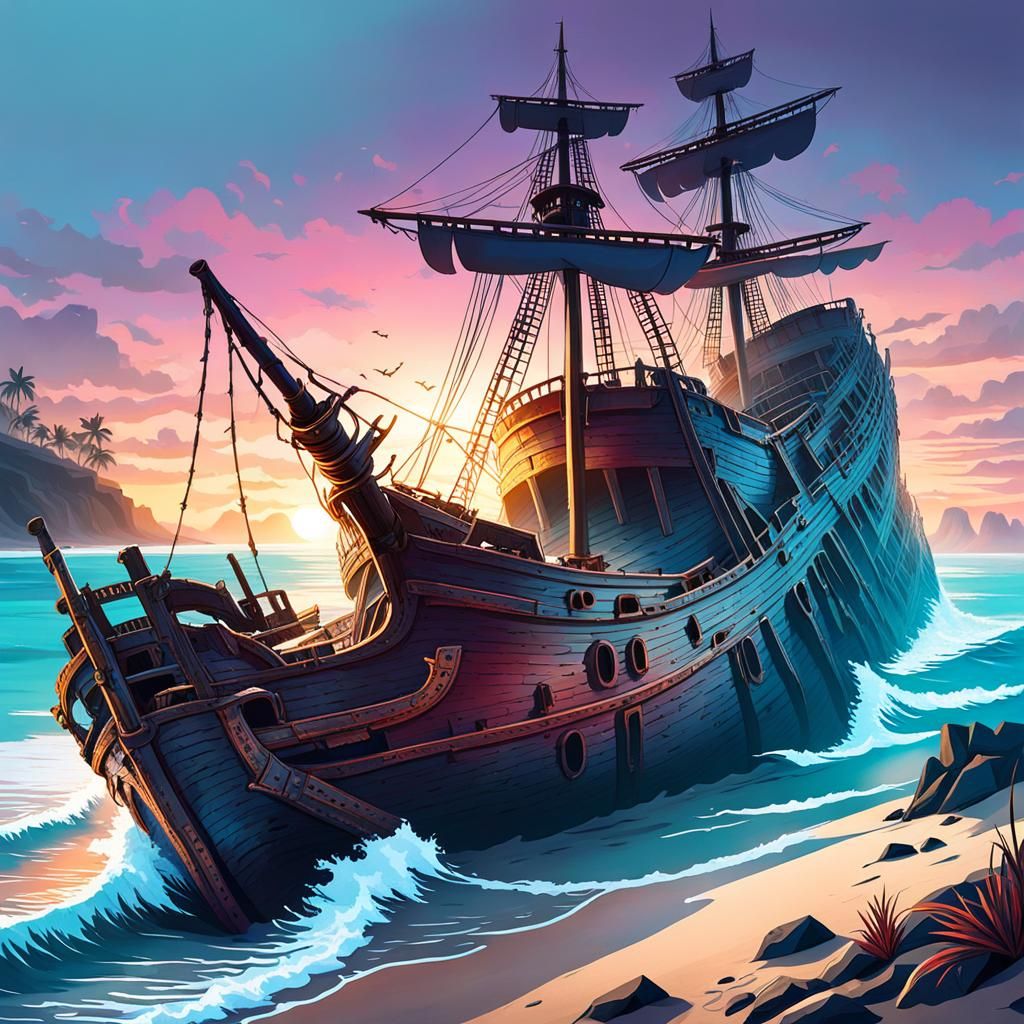 Shipwrecked Pirate Ship on Shoreline at Dawn