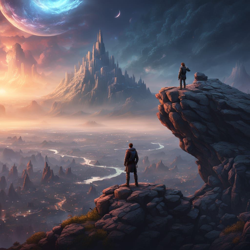 Fantasy Adventurer Gazes At Glowing City Under Nebula Sky